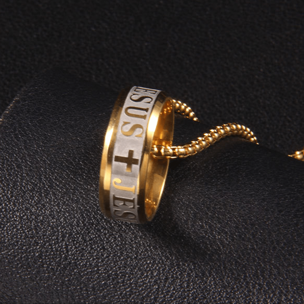 Anillo y Collar de Cadena con Grabado Láser "JESÚS" Estilo Combinado