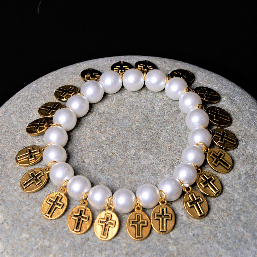 Pulsera de Perlas con Medallas de Jesús y María y Cruz Estilo Retro