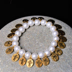 Pulsera de Perlas con Medallas de Jesús y María y Cruz Estilo Retro