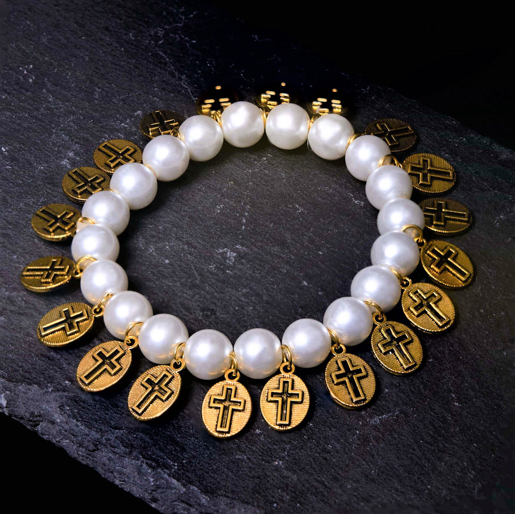 Pulsera de Perlas con Medallas de Jesús y María y Cruz Estilo Retro