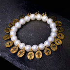 Pulsera de Perlas con Medallas de Jesús y María y Cruz Estilo Retro