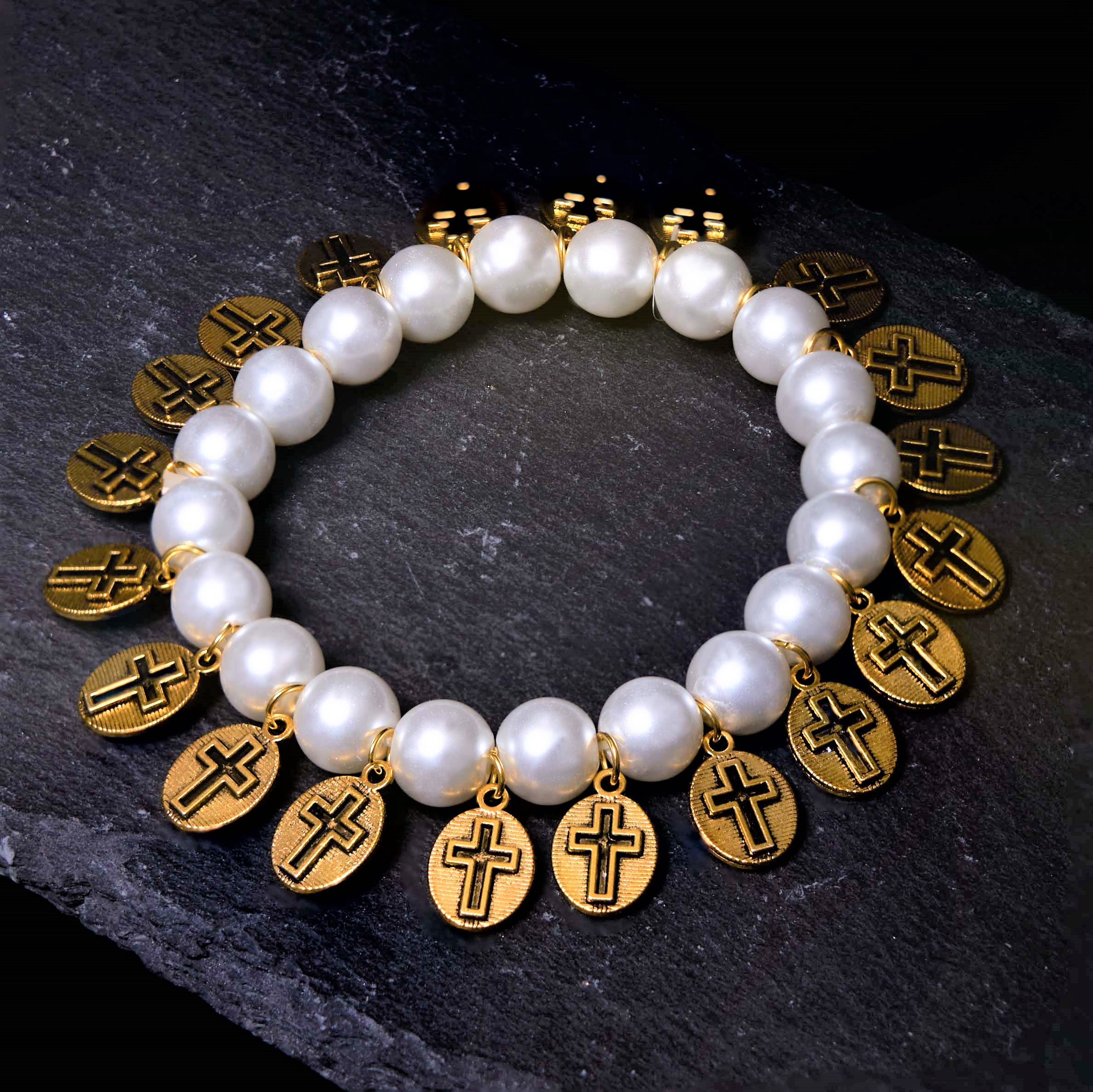 Pulsera de Perlas con Medallas de Jesús y María y Cruz Estilo Retro