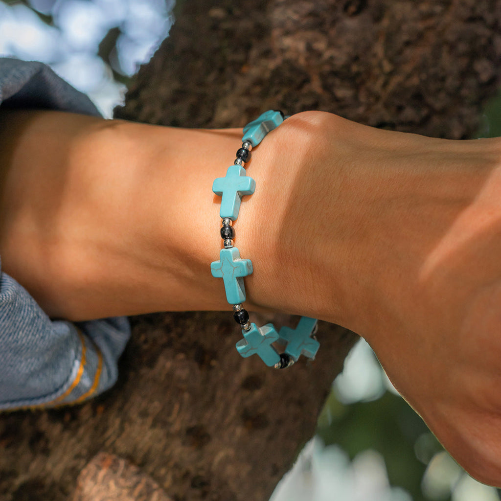 Pulsera de Turquesa de Oración con Cuentas y Crucifijo