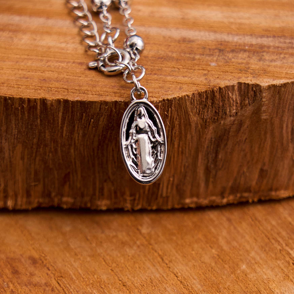 Pulsera Casual Ajustable con Medalla de la Virgen María y Cruz