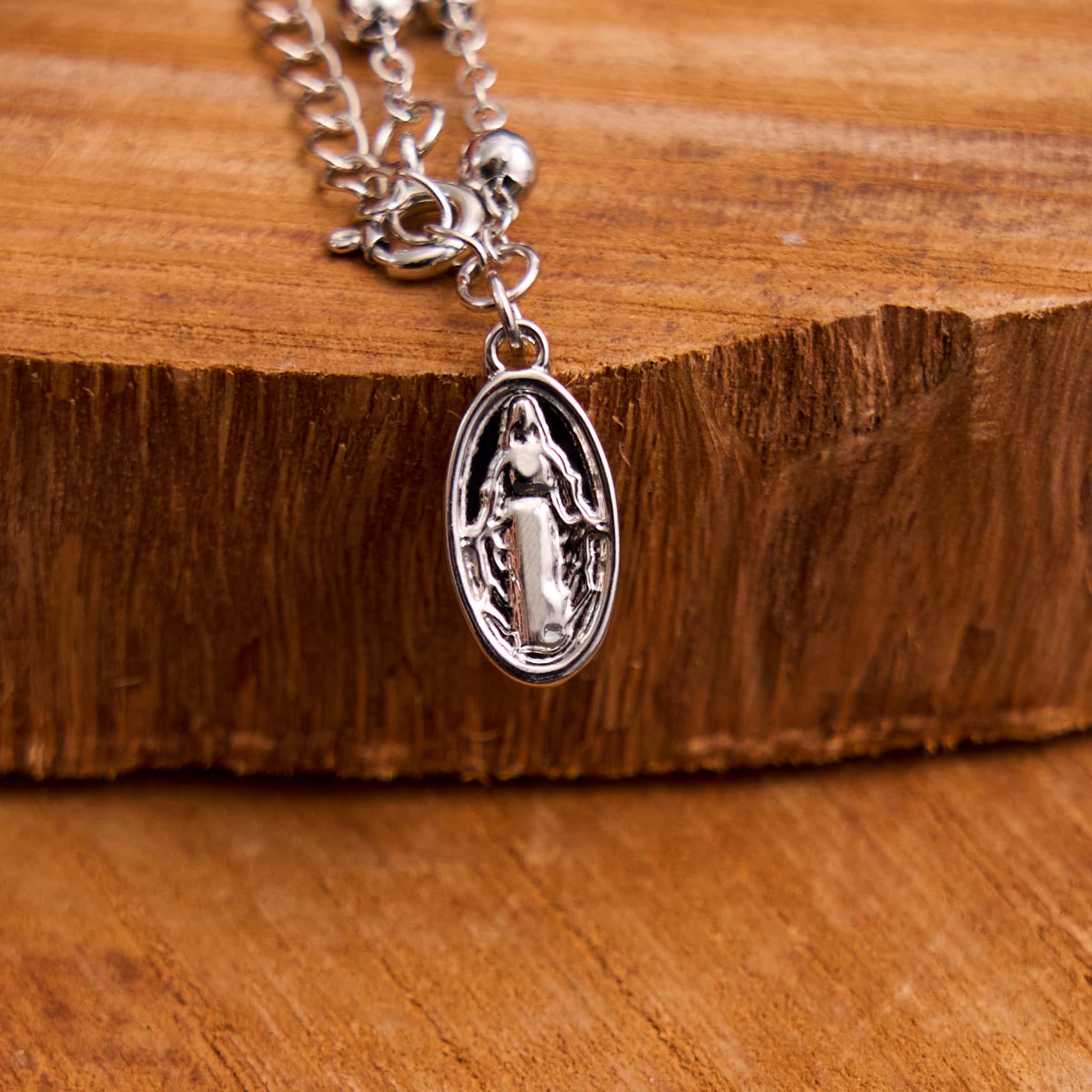 Pulsera Casual Ajustable con Medalla de la Virgen María y Cruz