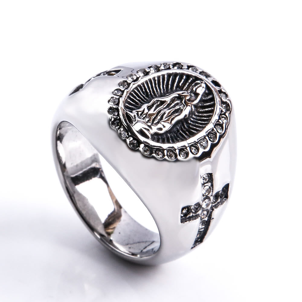 Anillo Católico de Acero Inoxidable con la Virgen María y Signo de Cruz