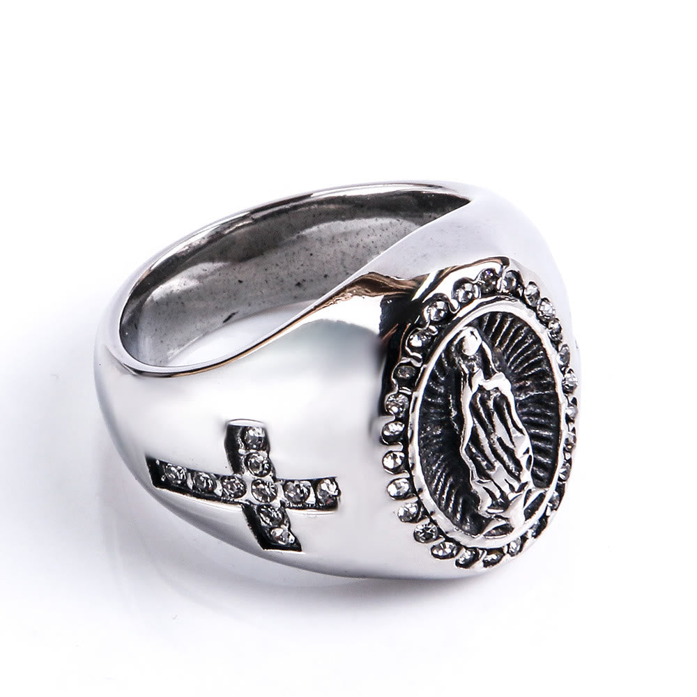 Anillo Católico de Acero Inoxidable con la Virgen María y Signo de Cruz