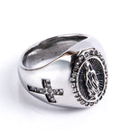 Anillo Católico de Acero Inoxidable con la Virgen María y Signo de Cruz
