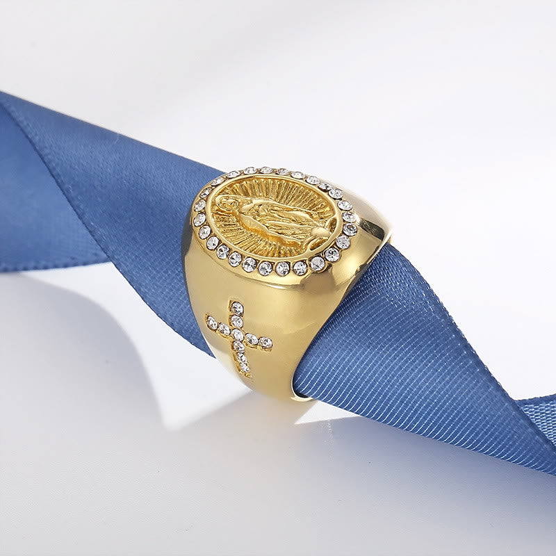 Anillo Católico de Acero Inoxidable con la Virgen María y Signo de Cruz