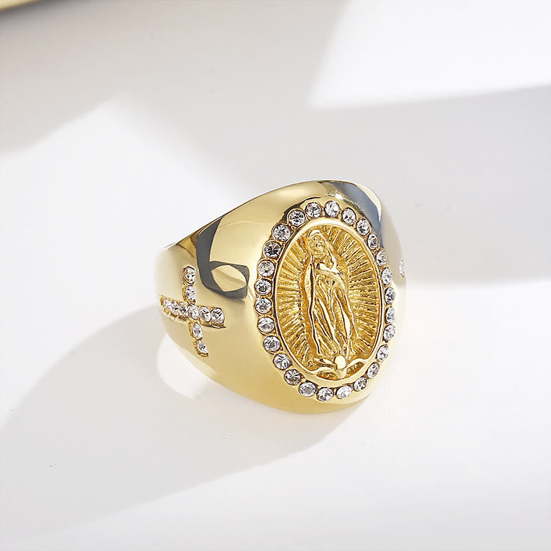 Anillo Católico de Acero Inoxidable con la Virgen María y Signo de Cruz