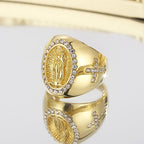Anillo Católico de Acero Inoxidable con la Virgen María y Signo de Cruz