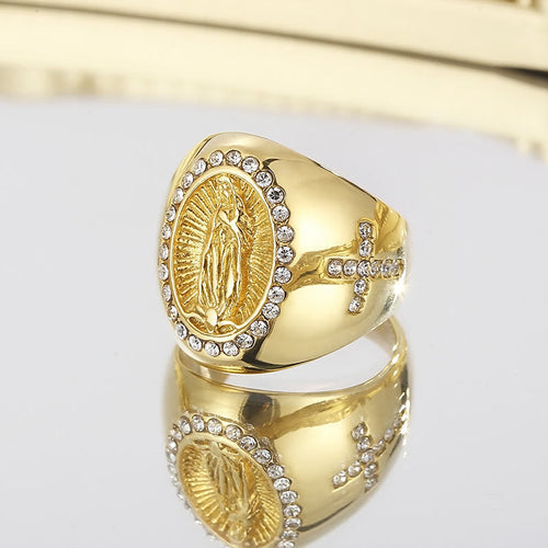 Anillo Católico de Acero Inoxidable con la Virgen María y Signo de Cruz