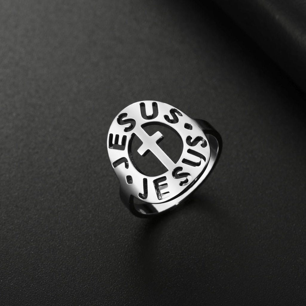 Anillo Amuleto de Acero Inoxidable con Cruz y "JESÚS"