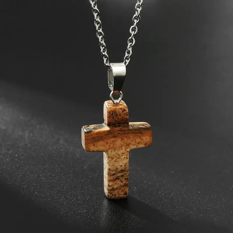 Collar con Dije de Cruz de Gema de Piedra Natural