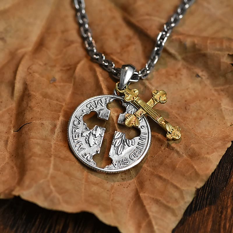 Collar Vintage con Dije de Moneda con Cruz a Doble Cara