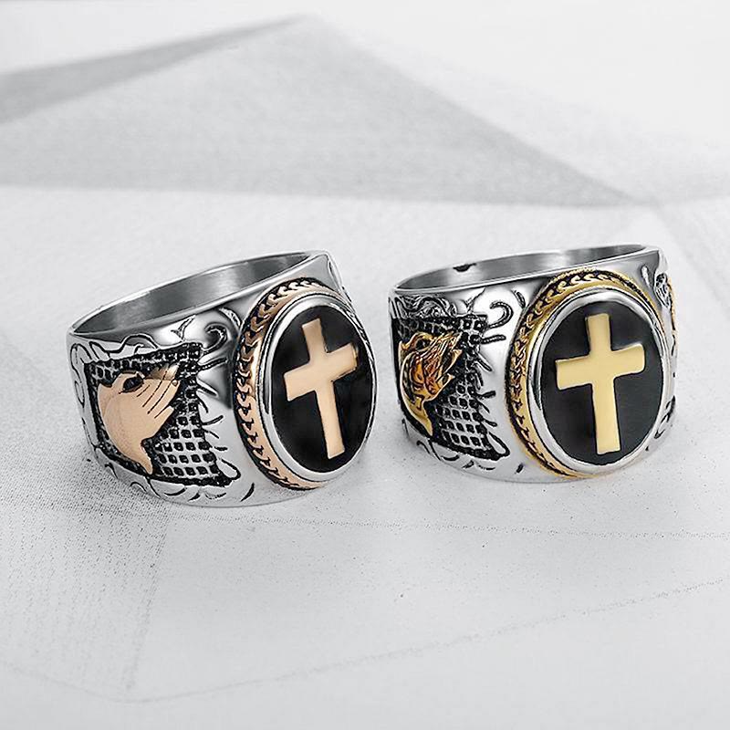 Anillo Religioso de Titanio con Cruz "Mano de Dios" Estilo Retro