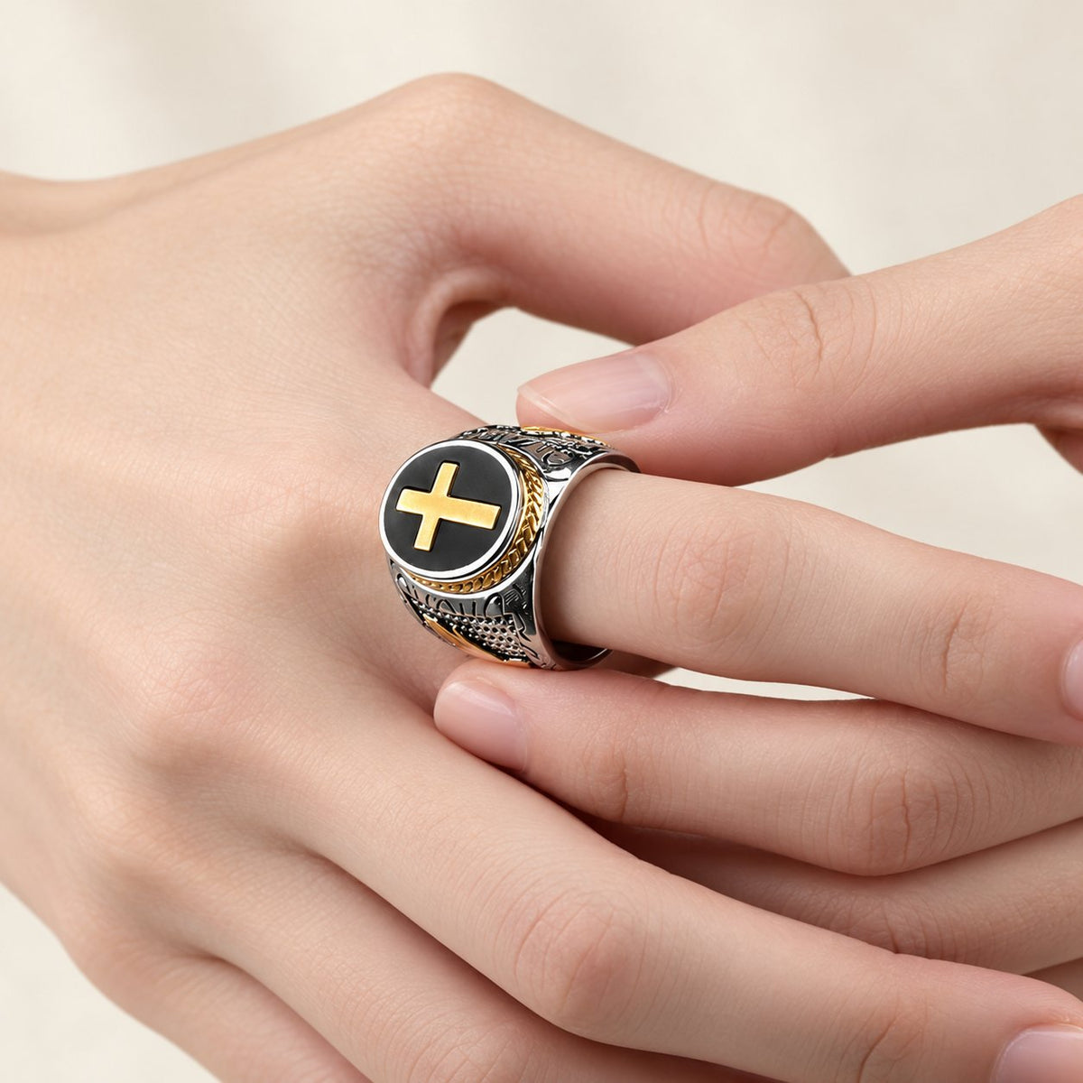 Retro Cross "Hand of God" Titanium Religion Ring
