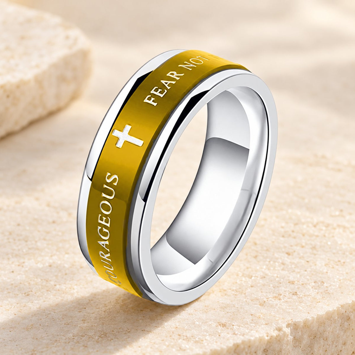 Titanium Black/Gold Cross Step Edges Rotating Ring