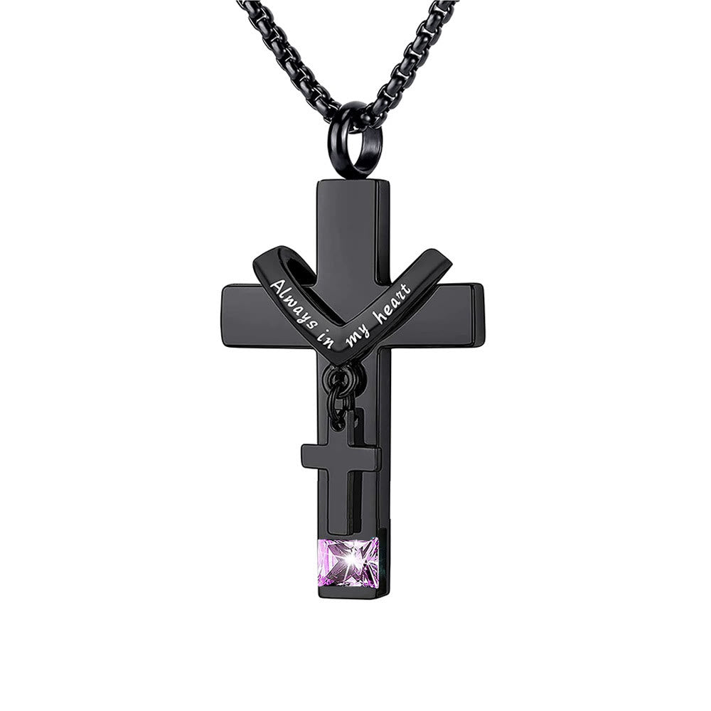 Collar con Dije Urna de Cenizas de Doble Cruz con Piedra de los 12 Meses