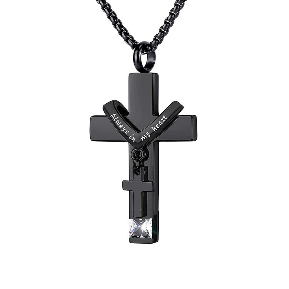 Collar con Dije Urna de Cenizas de Doble Cruz con Piedra de los 12 Meses