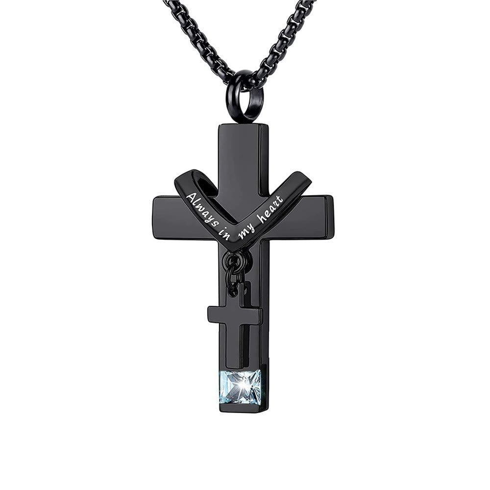 Collar con Dije Urna de Cenizas de Doble Cruz con Piedra de los 12 Meses