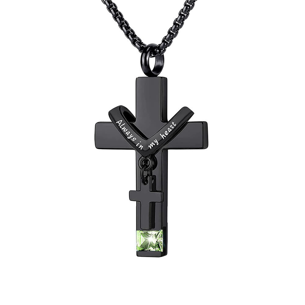 Collar con Dije Urna de Cenizas de Doble Cruz con Piedra de los 12 Meses