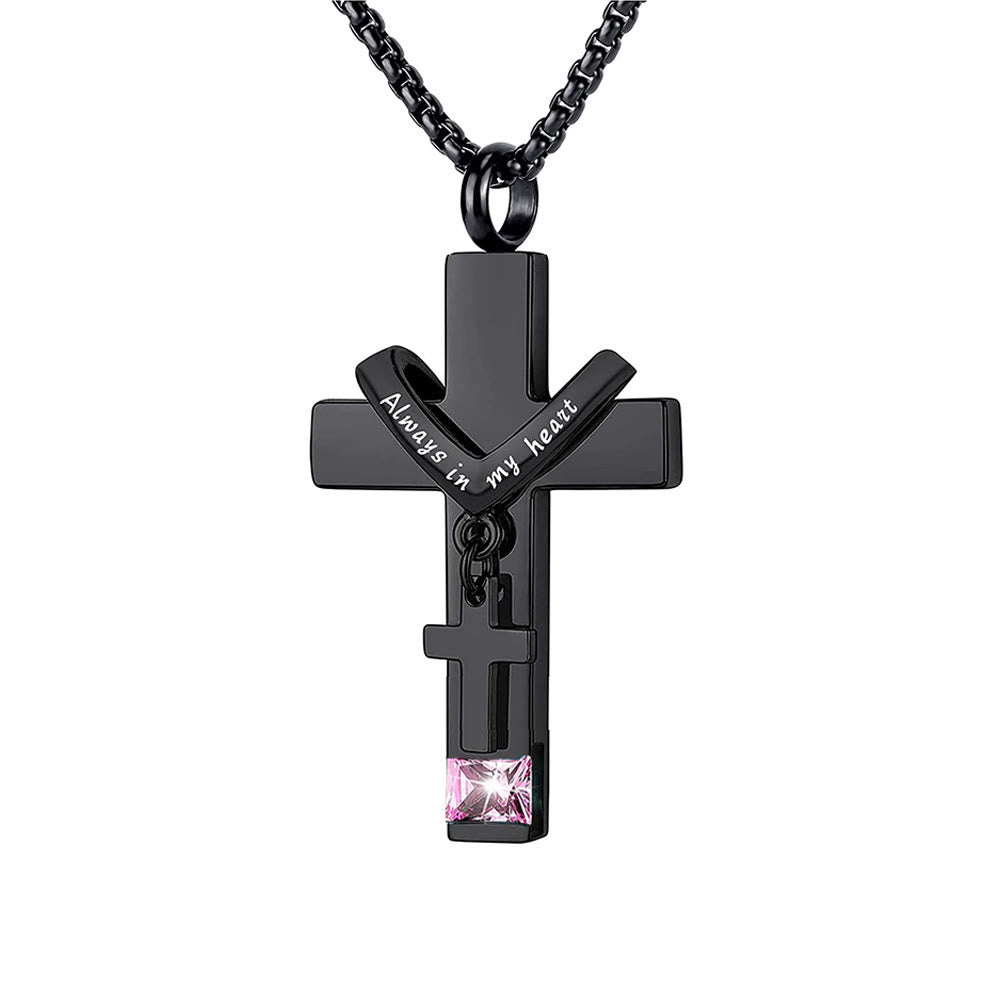 Collar con Dije Urna de Cenizas de Doble Cruz con Piedra de los 12 Meses