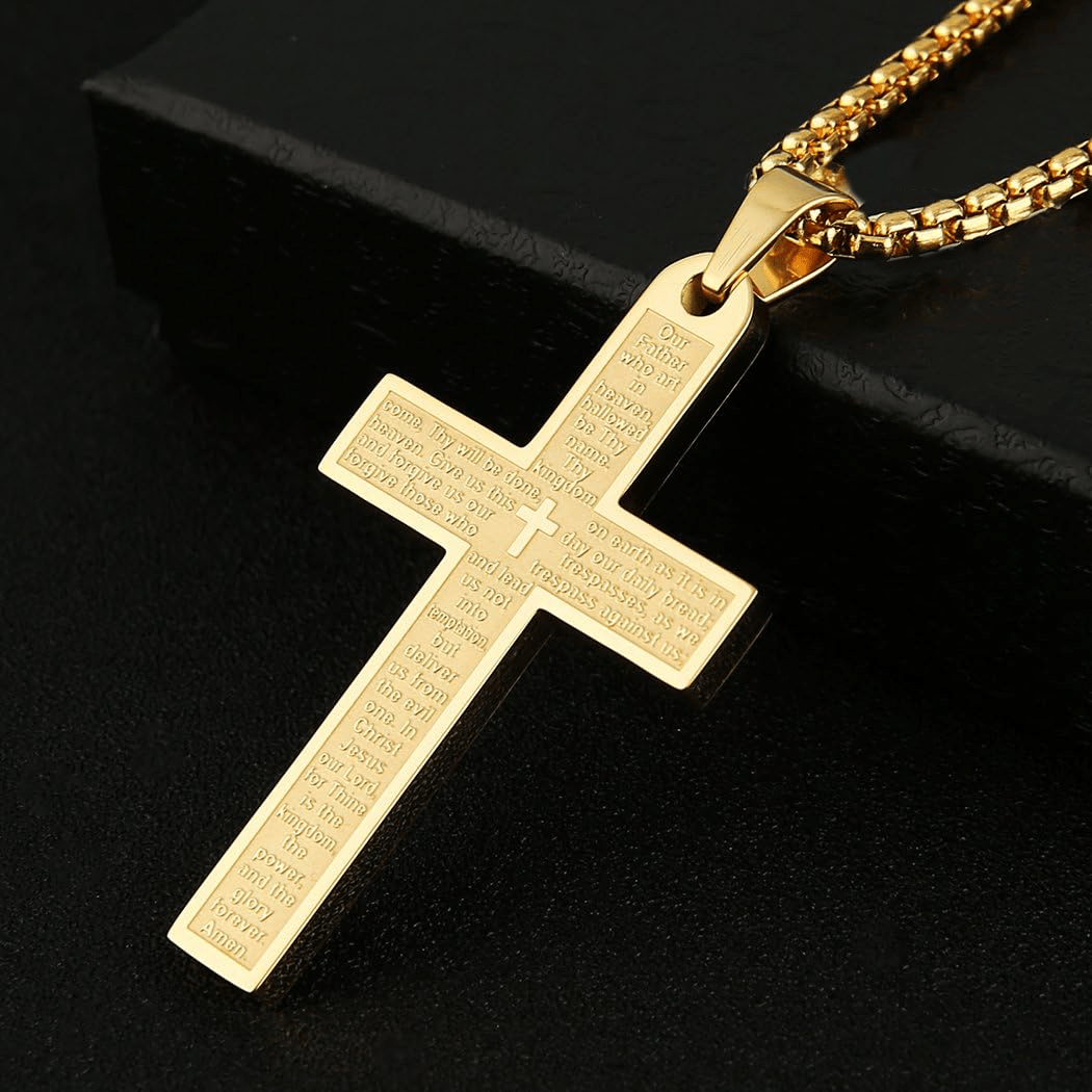 Collar de Acero Inoxidable con Dije de Cruz del Padre Nuestro