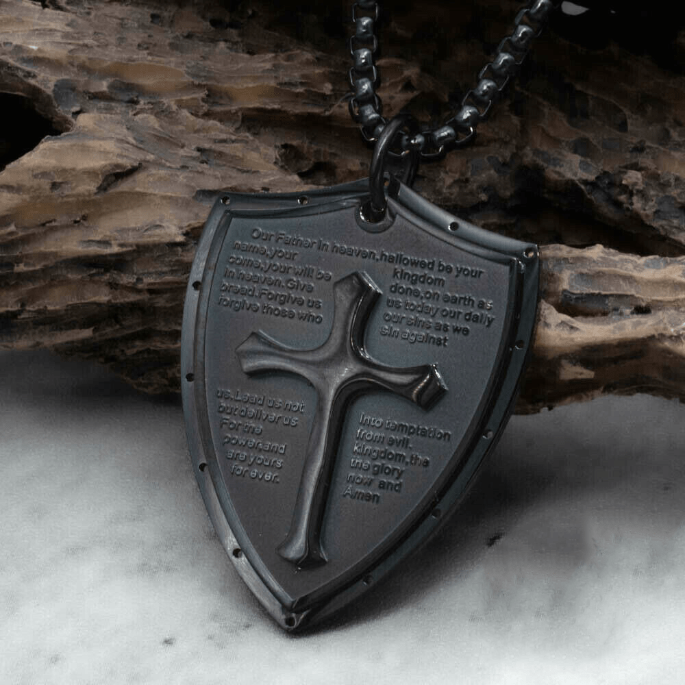 Collar con Dije Escudo de Cruz Padre Nuestro en Acero Inoxidable
