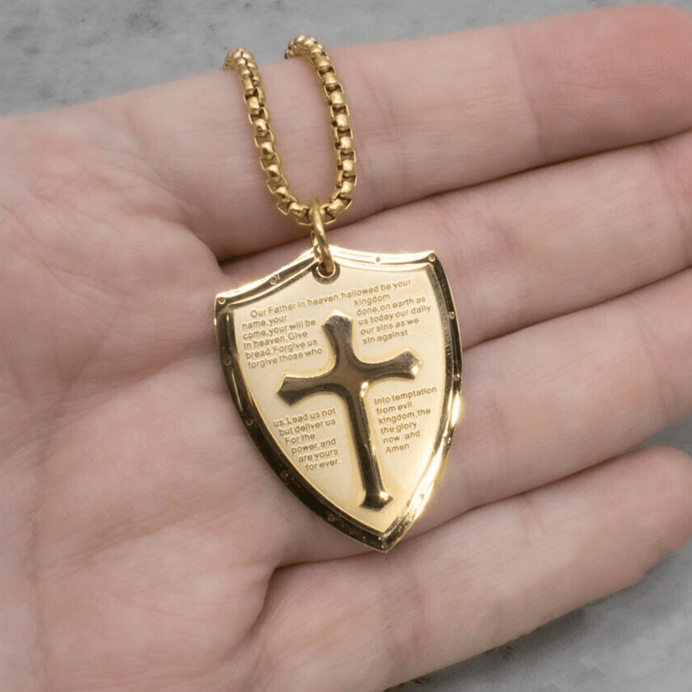 Collar con Dije Escudo de Cruz Padre Nuestro en Acero Inoxidable