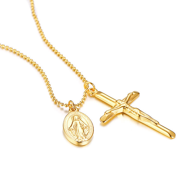 Collar de Titanio con Medallón de la Virgen María y Crucifijo