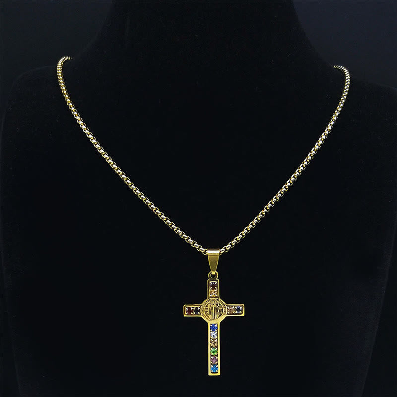 Collar de Cruz de San Benito con 12 Cristales Bíblicos