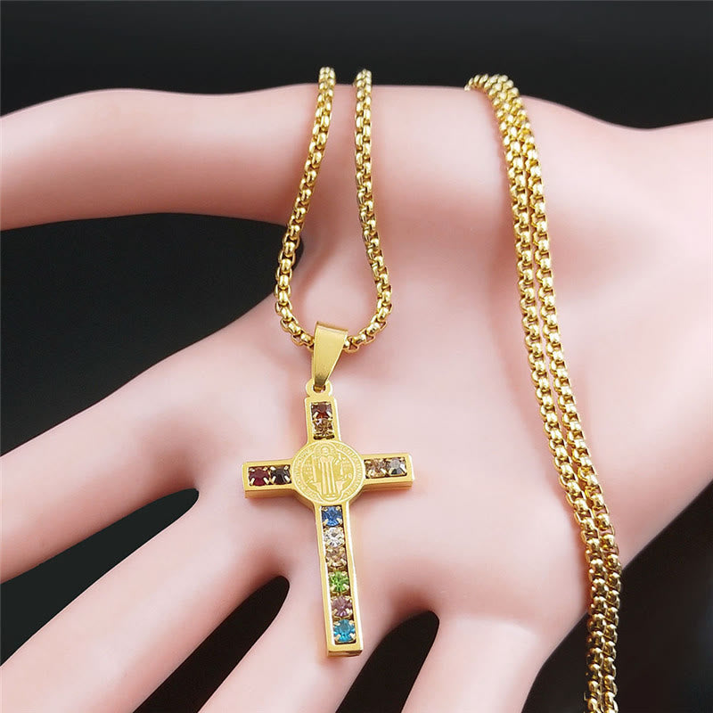 Collar de Cruz de San Benito con 12 Cristales Bíblicos