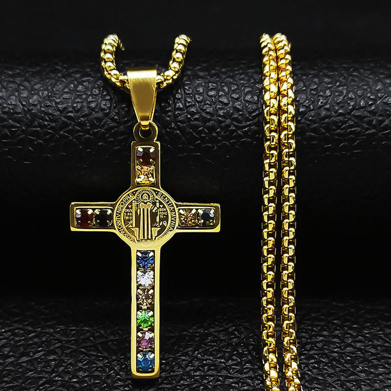 Collar de Cruz de San Benito con 12 Cristales Bíblicos
