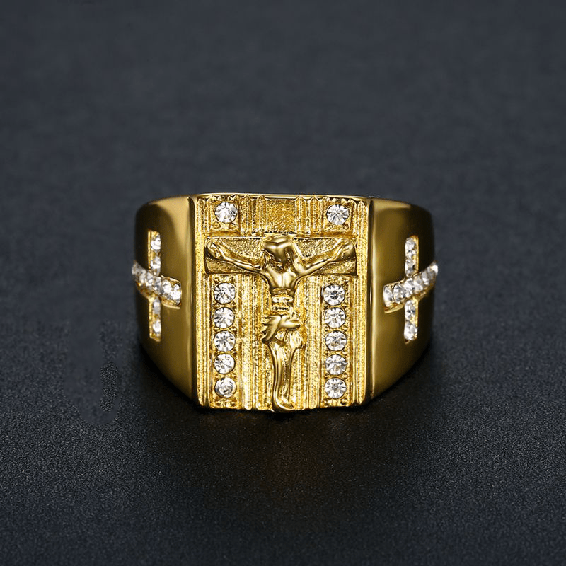 Anillo Religioso Crucifijo de Jesús con Circonita