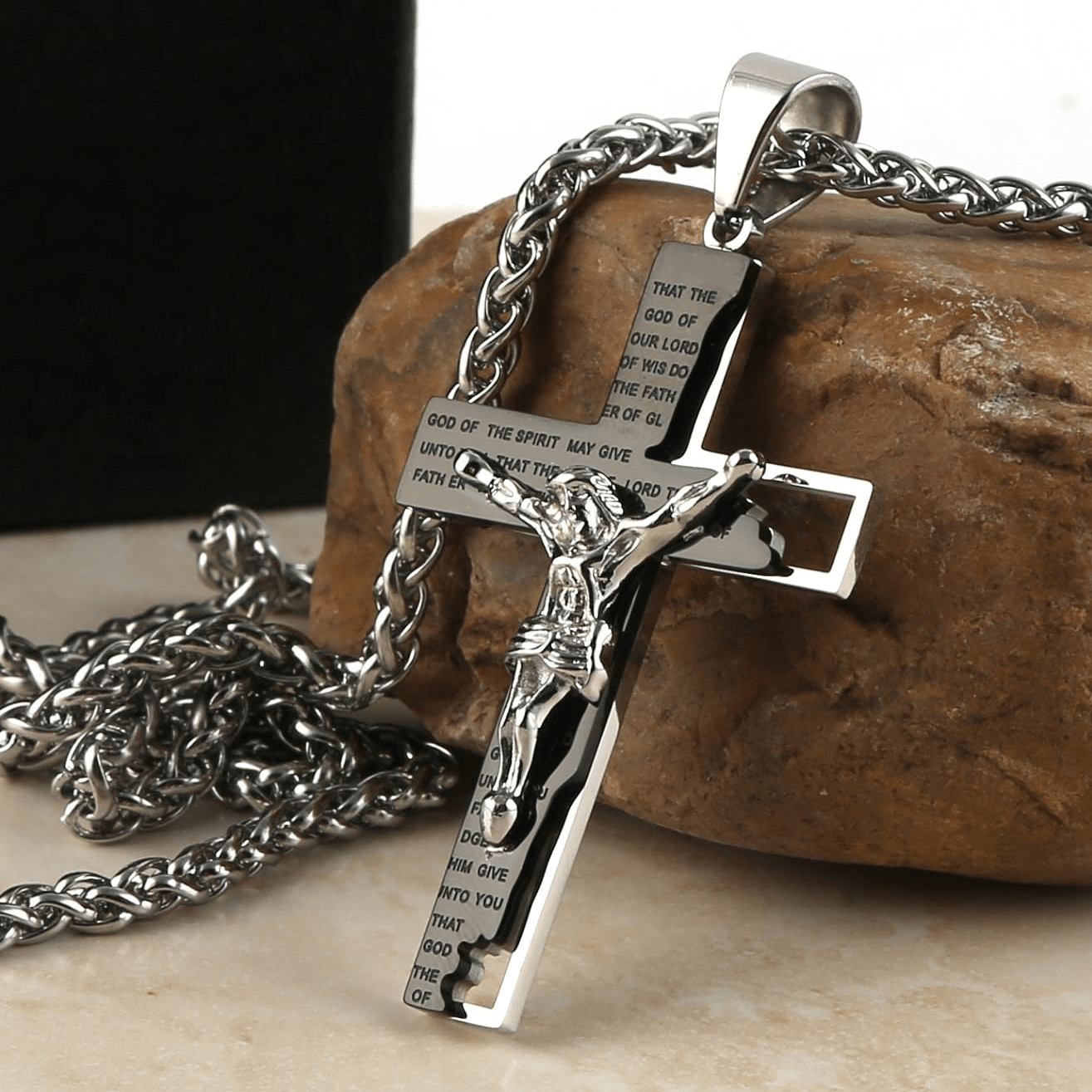 Collar de Cadena de Acero Inoxidable con Dije de Oración Bíblica y Crucifijo