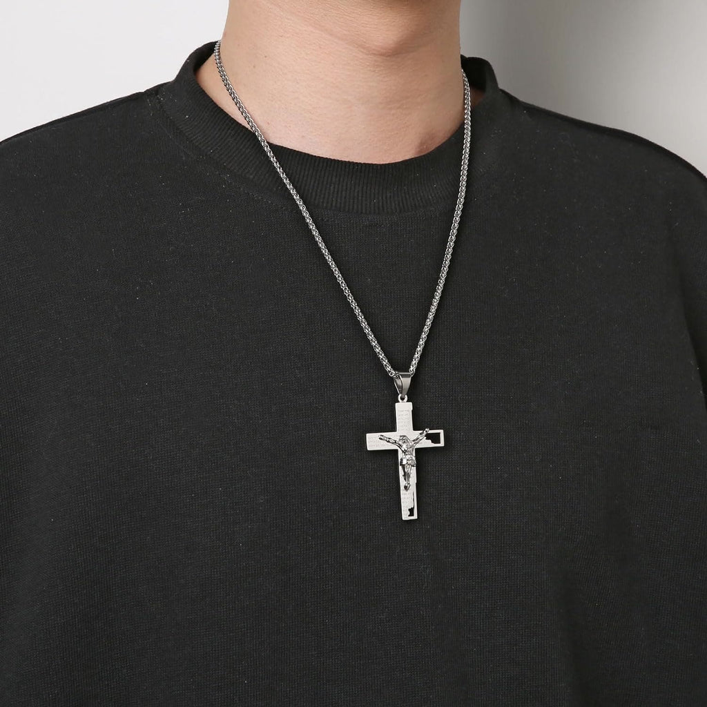 Collar de Cadena de Acero Inoxidable con Dije de Oración Bíblica y Crucifijo