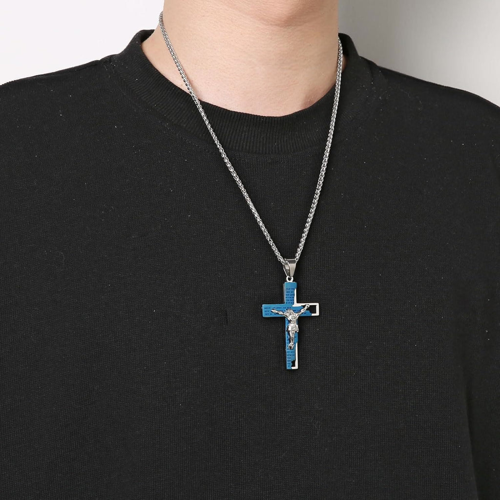 Collar de Cadena de Acero Inoxidable con Dije de Oración Bíblica y Crucifijo