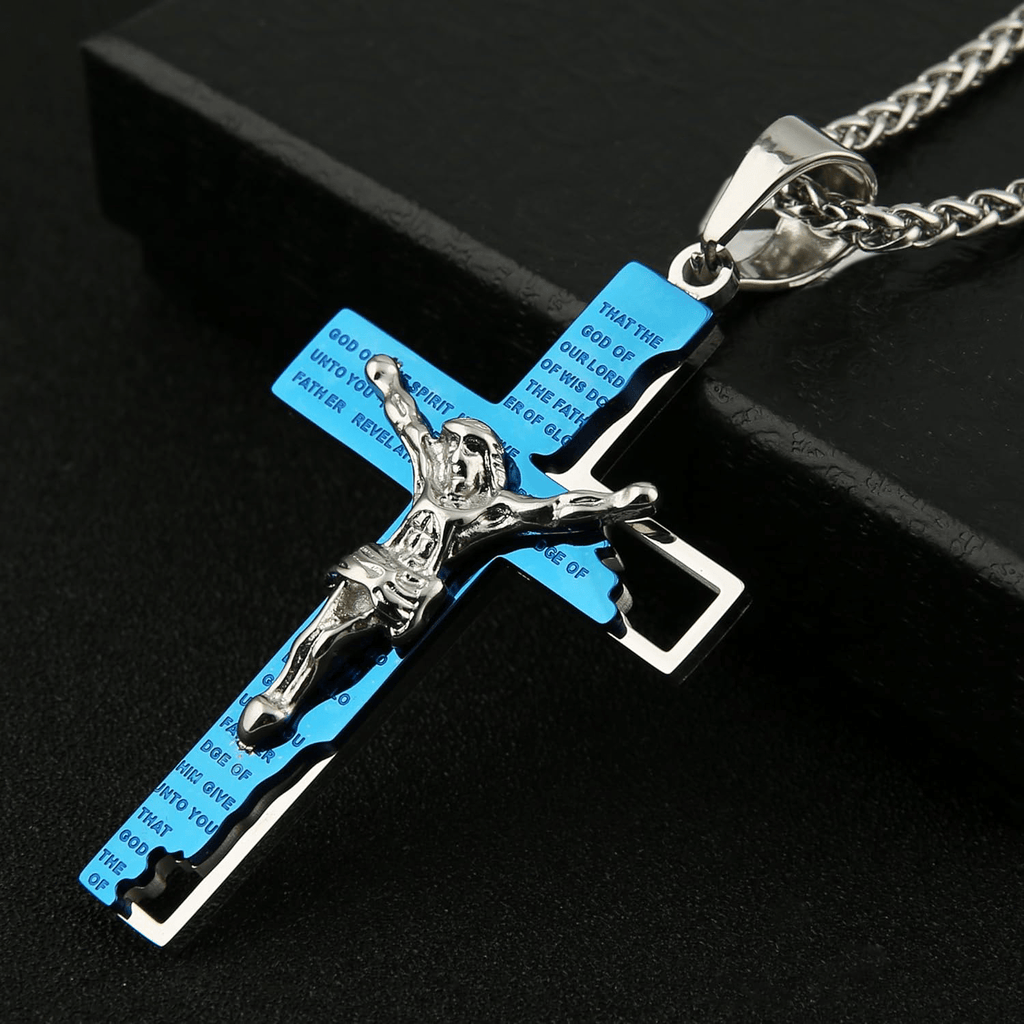 Collar de Cadena de Acero Inoxidable con Dije de Oración Bíblica y Crucifijo
