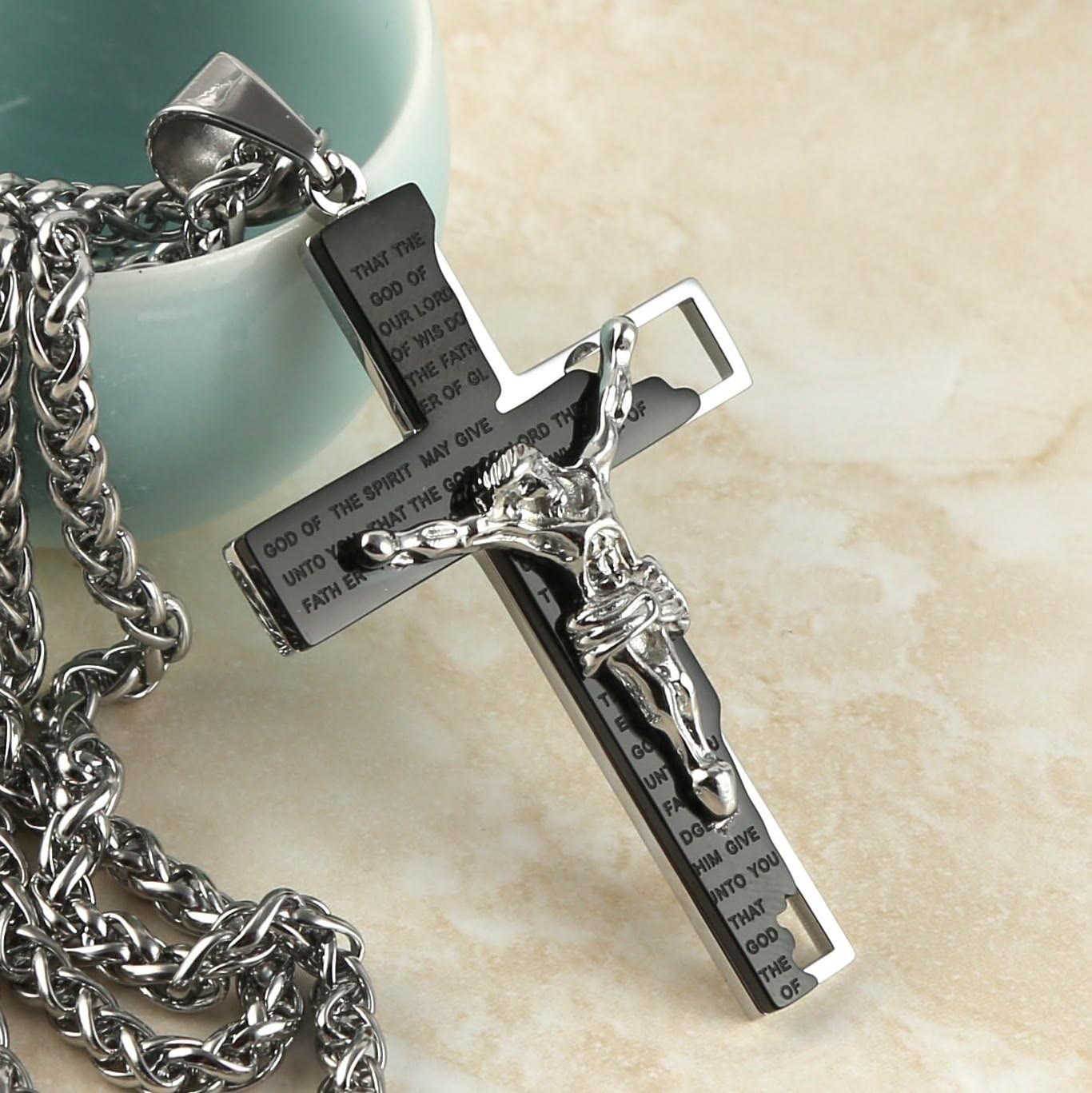 Collar de Cadena de Acero Inoxidable con Dije de Oración Bíblica y Crucifijo