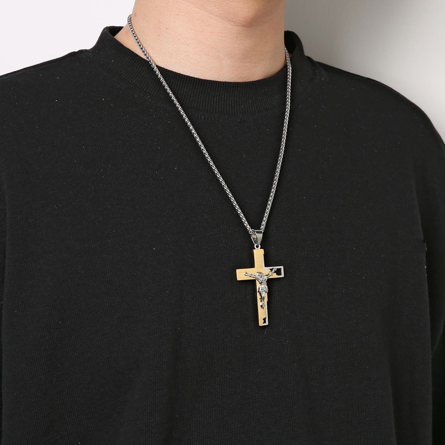 Collar de Cadena de Acero Inoxidable con Dije de Oración Bíblica y Crucifijo