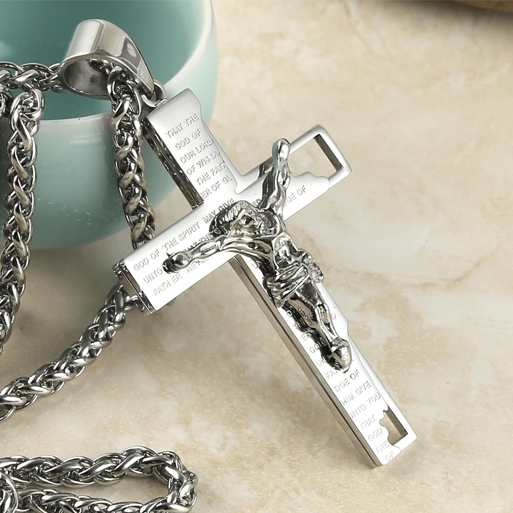 Collar de Cadena de Acero Inoxidable con Dije de Oración Bíblica y Crucifijo