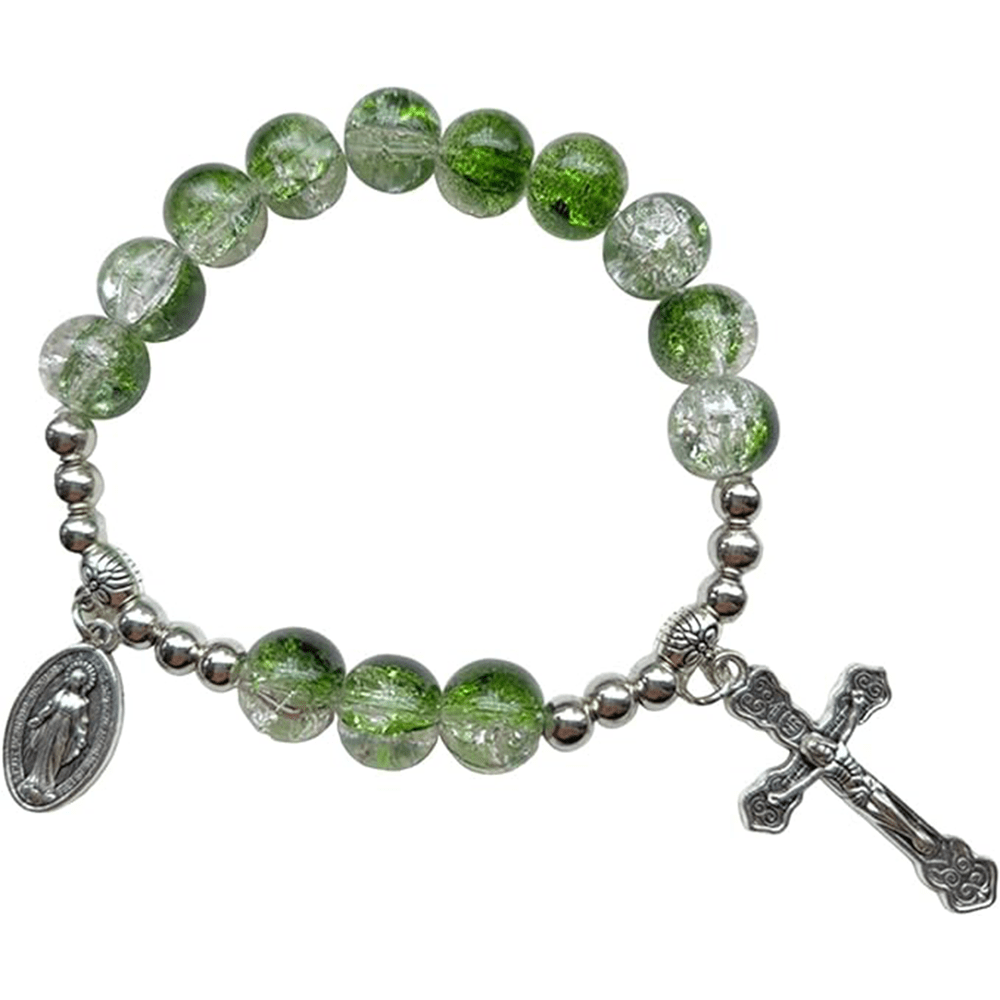 Pulsera de Cristal en Dos Tonos con Medallón Milagroso y Crucifijo