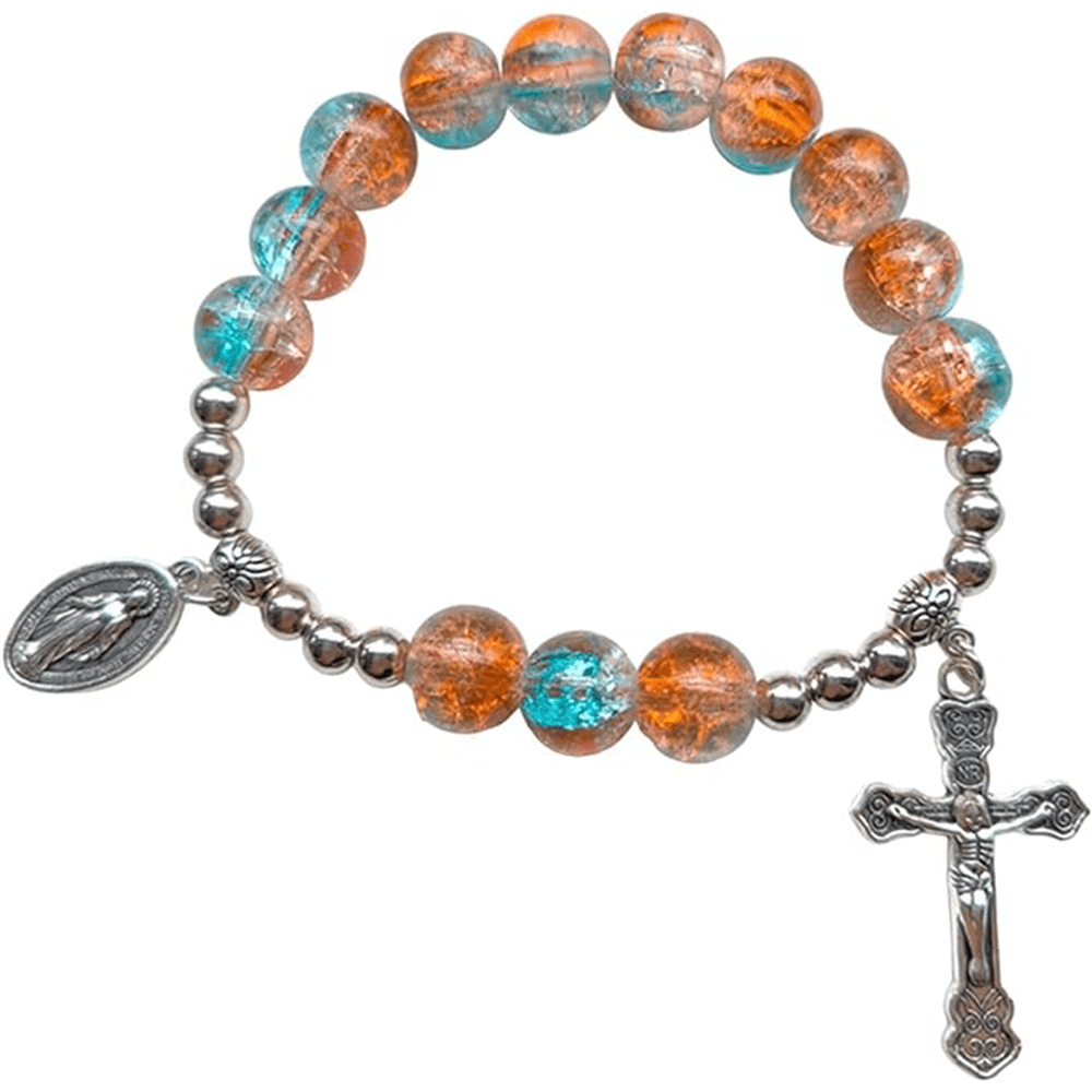 Pulsera de Cristal en Dos Tonos con Medallón Milagroso y Crucifijo