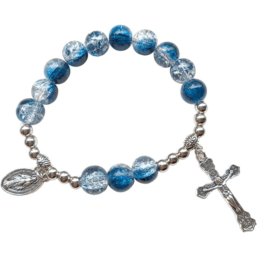 Pulsera de Cristal en Dos Tonos con Medallón Milagroso y Crucifijo