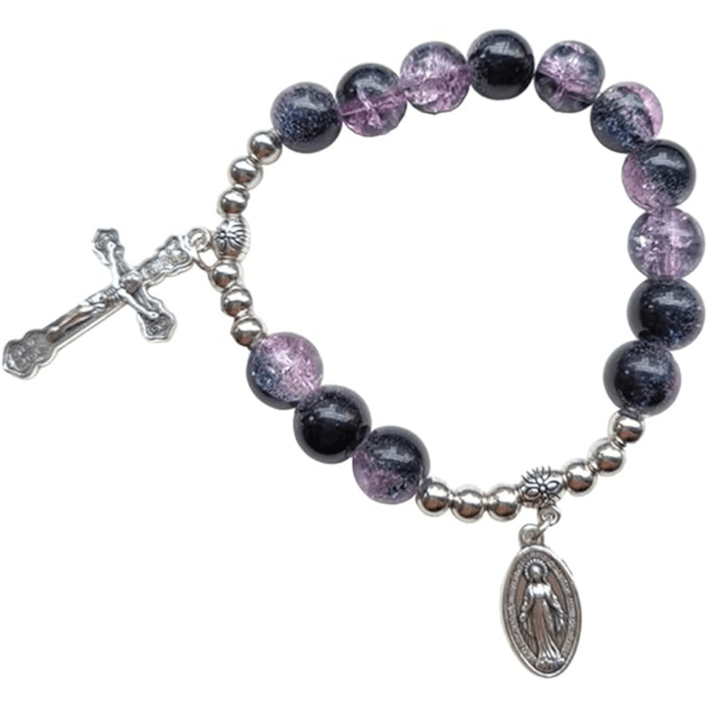 Pulsera de Cristal en Dos Tonos con Medallón Milagroso y Crucifijo