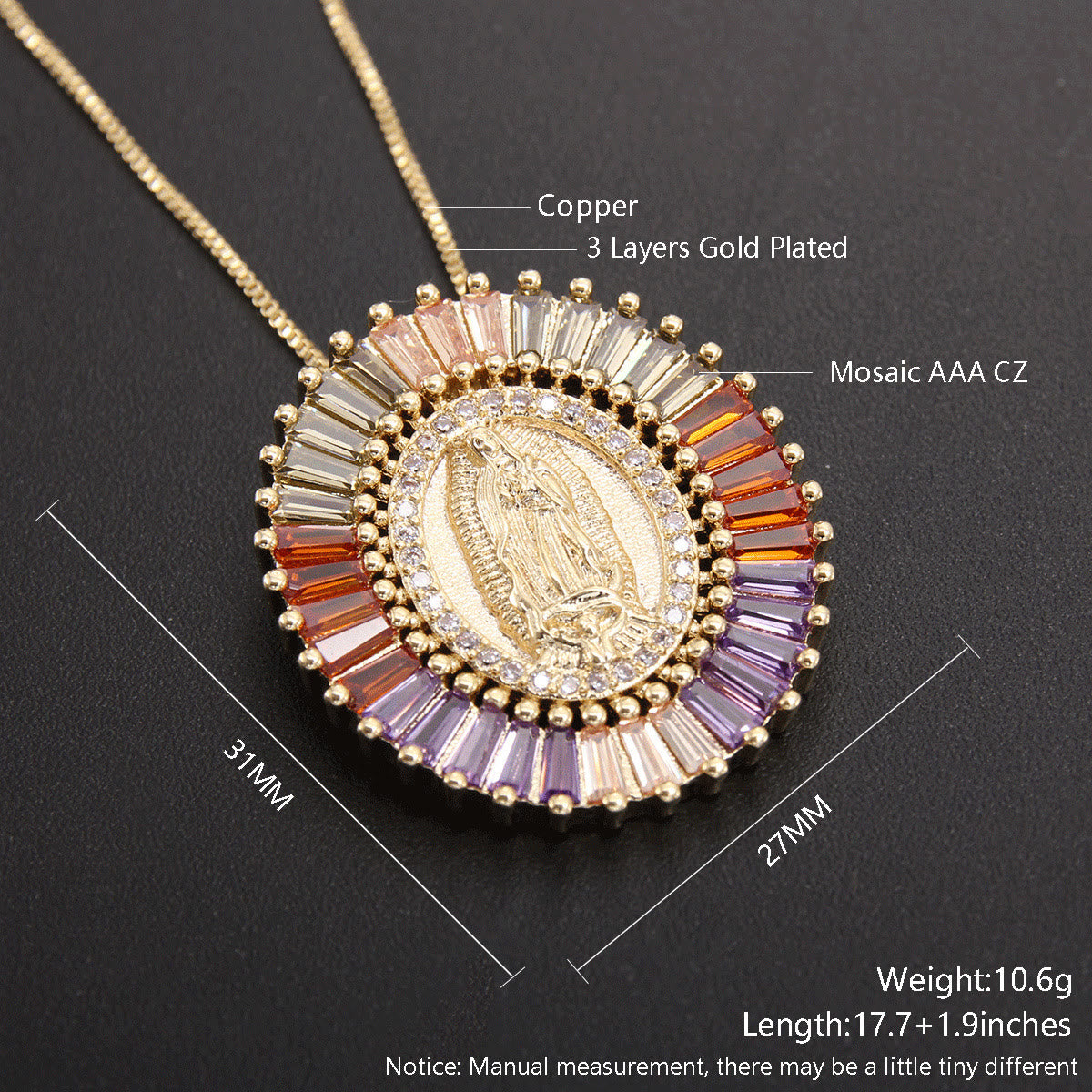 Collar Amuleto con Dije de Circonita de la Virgen de Guadalupe
