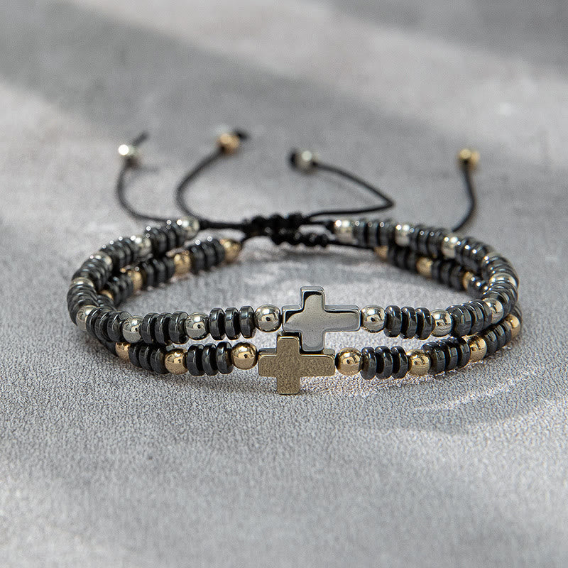 Pulsera Apilable de Hematita con Cuentas y 2 Cruces Decorativas