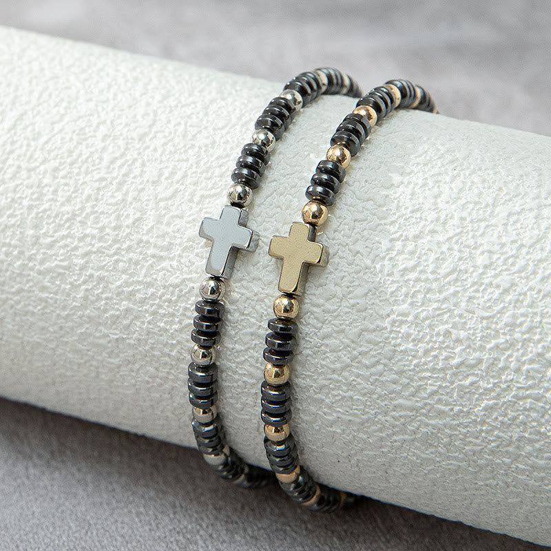 Pulsera Apilable de Hematita con Cuentas y 2 Cruces Decorativas