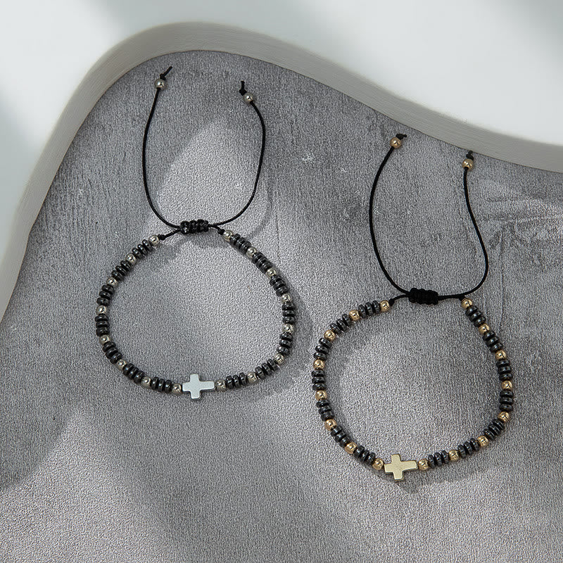 Pulsera Apilable de Hematita con Cuentas y 2 Cruces Decorativas